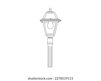 lamppost drawing by one continuous line, isolated, vector. Street lamp one continuous line drawing, isolated, vector . City street lantern. Streetlight vintage lamp icons isolated on white background.