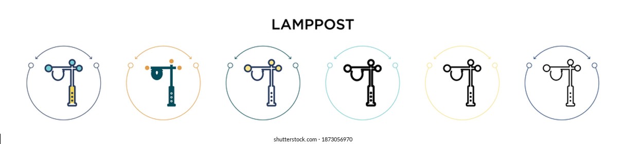 Lamppost icon in filled, thin line, outline and stroke style. Vector illustration of two colored and black lamppost vector icons designs can be used for mobile, ui, web