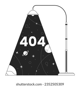 Plátanos luminosos lamppost galaxia mensaje de error blanco negro 404 flash. Estrellas de la luna. Diseño monocromo de estado vacío ui. Página no encontrada imagen emergente de caricatura. Concepto de ilustración de contorno plano vectorial