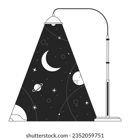 Lamppost light planets galaxy bw concept vector spot illustration. Moon crescent stars streetlight city 2D cartoon flat line monochromatic scene for web UI design. Editable isolated outline hero image