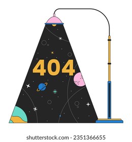 Lamppost light planets galaxy error 404 flash message. Moon crescent stars streetlight. Empty state ui design. Page not found popup cartoon image. Vector flat illustration concept on white background