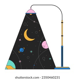 Lamppost light planets galaxy flat line concept vector spot illustration. Moon crescent stars streetlight city 2D cartoon outline scene on white for web UI design. Editable isolated color hero image