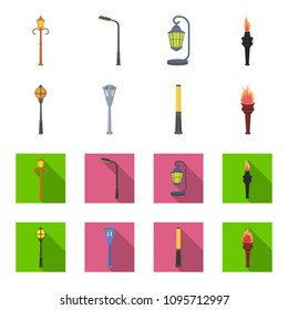 Lamppost in retro style, modern lantern, torch and other types of streetlights. Lamppost set collection icons in cartoon,flat style vector symbol stock illustration web.