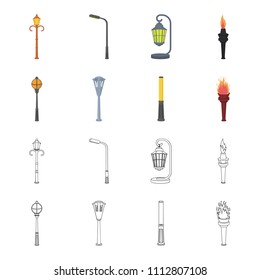 Lamppost in retro style, modern lantern, torch and other types of streetlights. Lamppost set collection icons in cartoon,outline style vector symbol stock illustration web.
