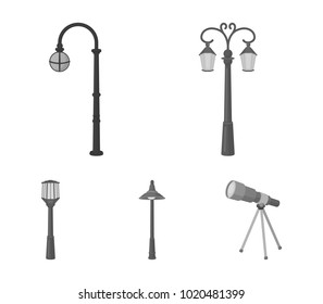 Lamppost in retro style,modern lantern, torch and other types of streetlights. Lamppost set collection icons in monochrome style vector symbol stock illustration web.