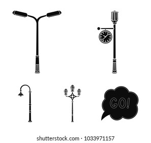 Lamppost in retro style,modern lantern, torch and other types of streetlights. Lamppost set collection icons in black style vector symbol stock illustration web.