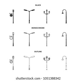 Lamppost in retro style,modern lantern, torch and other types of streetlights. Lamppost set collection icons in black,monochrome,outline style vector symbol stock illustration web.