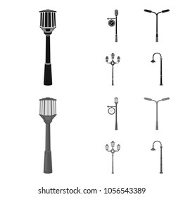 Lamppost in retro style,modern lantern, torch and other types of streetlights. Lamp post set collection icons in black,monochrom style vector symbol stock illustration web.
