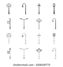 Lamppost in retro style,modern lantern, torch and other types of streetlights. Lamppost set collection icons in outline,monochrome style vector symbol stock illustration web.