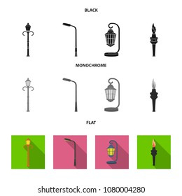 Lamppost in retro style,modern lantern, torch and other types of streetlights. Lamppost set collection icons in black, flat, monochrome style vector symbol stock illustration web.