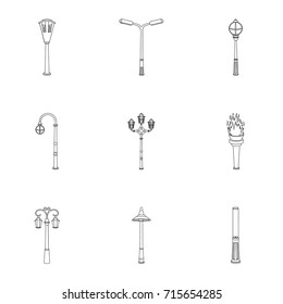 Lamppost in retro style,modern lantern, torch and other types of streetlights. Lamppost set collection icons in outline style vector symbol stock illustration web.