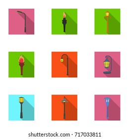 Lamppost in retro style,modern lantern, torch and other types of streetlights. Lamppost set collection icons in flat style vector symbol stock illustration web.