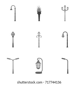 Lamppost in retro style,modern lantern, torch and other types of streetlights. Lamppost set collection icons in monochrome style vector symbol stock illustration web.