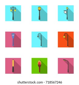 Lamppost in retro style,modern lantern, torch and other types of streetlights. Lamppost set collection icons in flat style vector symbol stock illustration web.