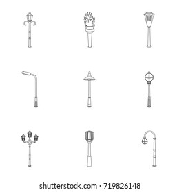 Lamppost in retro style,modern lantern, torch and other types of streetlights. Lamppost set collection icons in outline style vector symbol stock illustration web.