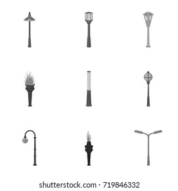 Lamppost in retro style,modern lantern, torch and other types of streetlights. Lamppost set collection icons in monochrome style vector symbol stock illustration web.