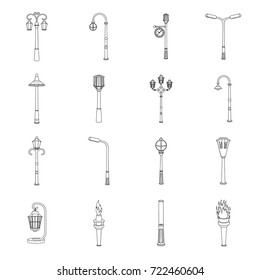 Lamppost in retro style,modern lantern, torch and other types of streetlights. Lamppost set collection icons in outline style vector symbol stock illustration web.