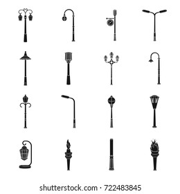 Lamppost in retro style,modern lantern, torch and other types of streetlights. Lamppost set collection icons in black style vector symbol stock illustration web.