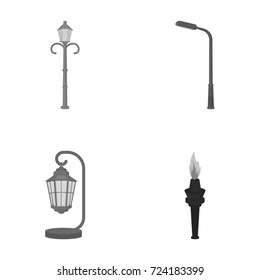 Lamppost in retro style,modern lantern, torch and other types of streetlights. Lamppost set collection icons in monochrome style vector symbol stock illustration web.