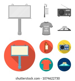 A lamppost with a sign, a T-shirt with an inscription, a radio, a car roof.Advertising,set collection icons in monochrome,flat style vector symbol stock illustration web.