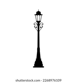 Lamppost stand isolated old street light lamp on pillar. Vector lamp with forged decoration, street illumination object, antique lamp post, streetlight