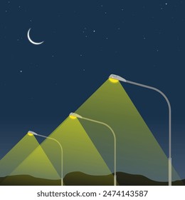 Farolas nocturnas: Ilustración vectorial de farolas nocturnas con cielo estrellado y colinas lejanas