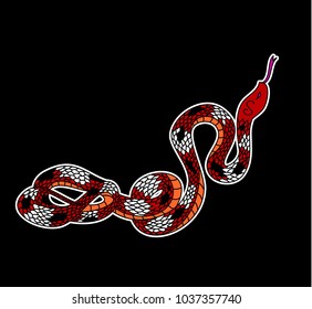 Lampropeltis triangulum vector.Sticker and hand drawn snake for tattoo.Red snake Reptile on black background.