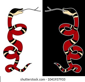 Lampropeltis triangulum vector.Sticker and hand drawn snake for tattoo.Red snake Reptile on black background.