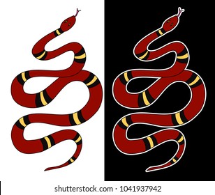 Lampropeltis triangulum vector.Sticker and hand drawn snake for tattoo.Red snake Reptile on black background.