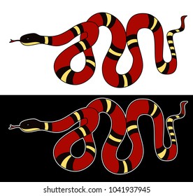 Lampropeltis triangulum vector.Sticker and hand drawn snake for tattoo.Red snake Reptile on black background.
