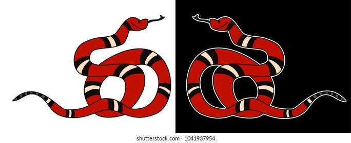 Lampropeltis triangulum vector.Sticker and hand drawn snake for tattoo.Red snake Reptile on black background.