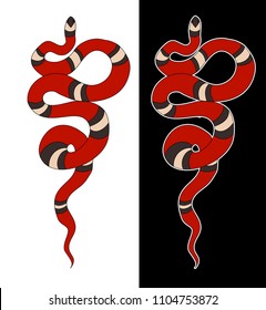 Lampropeltis triangulum vector.Sticker and hand drawn snake for tattoo.Red snake Reptile on white background.