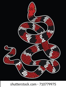 Lampropeltis triangulum vector.Sticker and hand drawn snake for tattoo.Red snake Reptile on black background.Traditional Japanese culture for printing on background.coloring book.