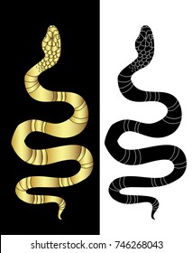 Lampropeltis triangulum vector.Sticker and hand drawn snake for tattoo.Golden and black Snake Reptile.Traditional Japanese culture for printing and coloring book on background.