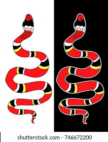 Lampropeltis triangulum vector.Sticker and hand drawn snake for tattoo.Red snake Reptile on black background.