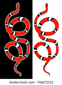 Lampropeltis triangulum vector.Sticker and hand drawn snake for tattoo.Red snake Reptile on black background.