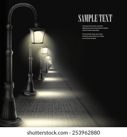 Lamps Along Paving Block Street. Vector Illustration.