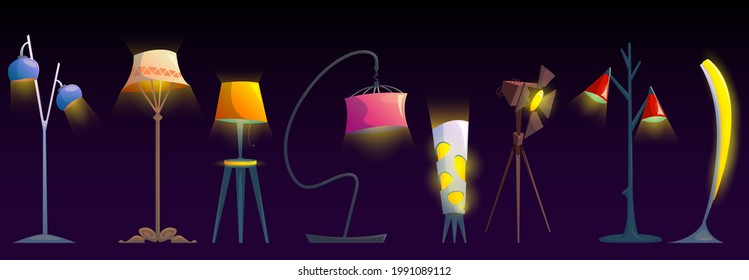Lámparas, bombillas eléctricas brillantes en el techo y el suelo, lámparas modernas incandescentes, antorchas de diferentes formas y diseño. Equipamiento luminoso aislado de fondo negro. Ilustración vectorial de dibujos animados, conjunto