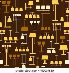 Lamps ceiling, table, floor, background, seamless, brown. Vector background with images of various types of lamps. Yellow image on a brown background. 