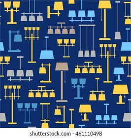 Lamps ceiling, table, floor, background, seamless, blue. Vector background with images of various types of lamps. Yellow and gray, flat image on a dark blue background. 