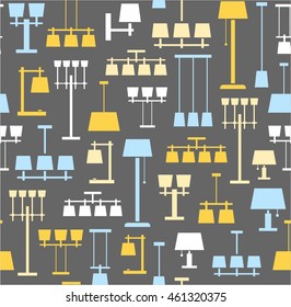 Lamps ceiling, table, floor, background, seamless, gray, colored. Vector background with images of various types of lamps. Yellow and light blue, flat image on a gray background. 
