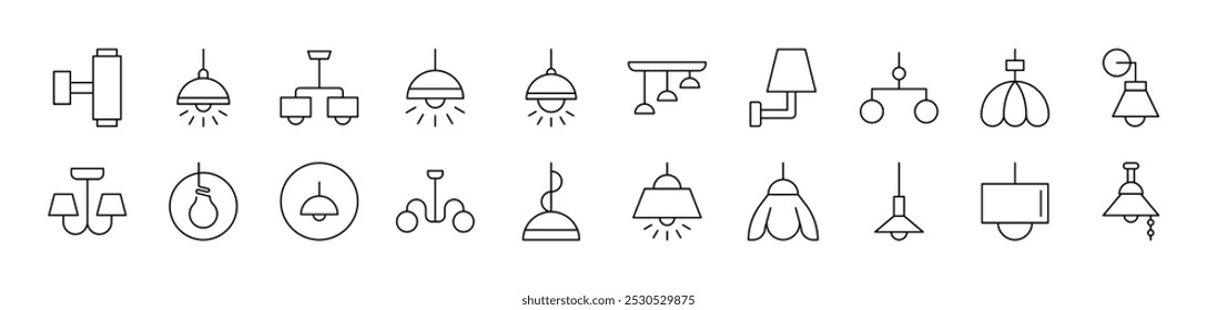 Lamps and Chandeliers Bundle of Thin Icons. Editable Stroke. Suitable for Web Sites, Books, Cards, Apps 