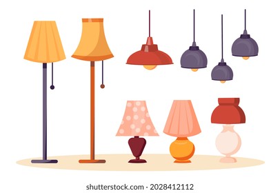 Lamps and chandeliers collection. Stickers of lighting devices for the house. Floor and table lamp. Design elements for interior of apartment. Cartoon flat vector set isolated on white background