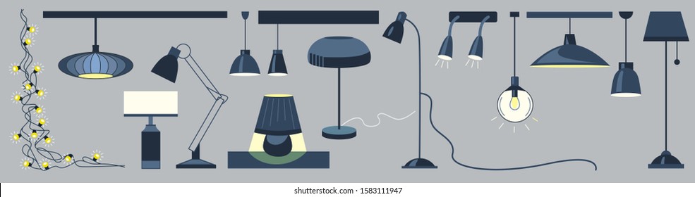 Lamps and chandeliers flat vector illustration set. Cartoon icons drawing pack. Bedroom, living room decor isolated design elements. Table lamp, lantern, electric equipment