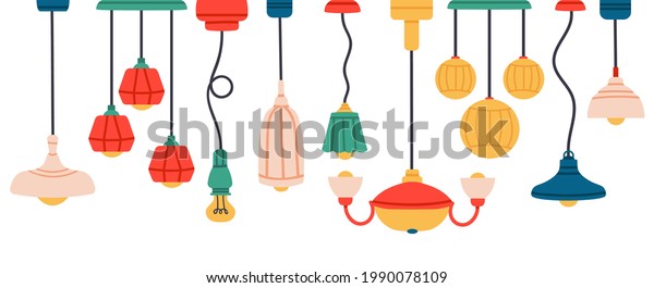 Lamps and chandeliers, hand drawn\
interior items and lighting elements. Vector chandelier light,\
decorative of lamp electricity, equipment interior\
illustration