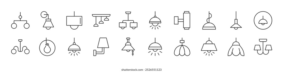 Lamps and Chandeliers Icon Set for UI, Placards, Books, Apps. Editable Stroke. Suitable for Web Sites, Books, Cards, Apps