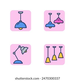 Lamps and chandeliers line icon set. Table lamp on leg, ceiling lamp, several light bulbs, chandelier. Home lighting concept. Vector illustration for web design and apps