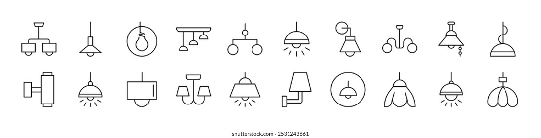 Lamps and Chandeliers Pack of Thin Icons. Editable Stroke. Suitable for Web Sites, Books, Cards, Apps