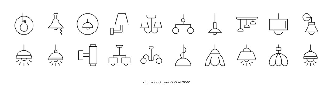 Lamps and Chandeliers Related Line Icons for Web Sites, Books, Cards, Apps. Editable Stroke. Suitable for Web Sites, Books, Cards, Apps