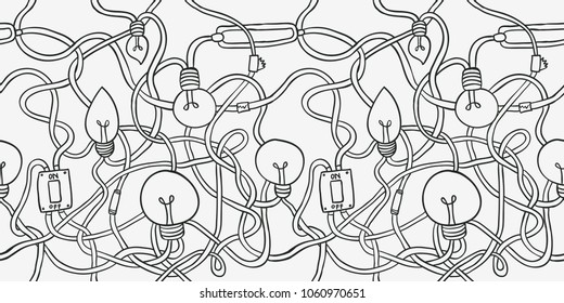 lamps and chaotic wire line art seamless pattern without color